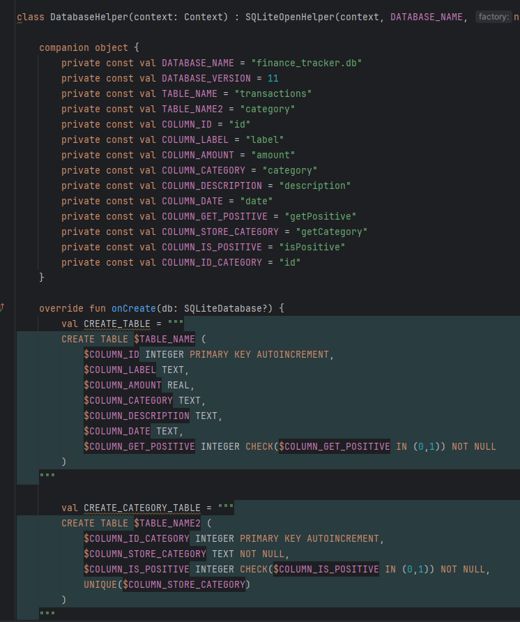 snippet of code from the database helper code