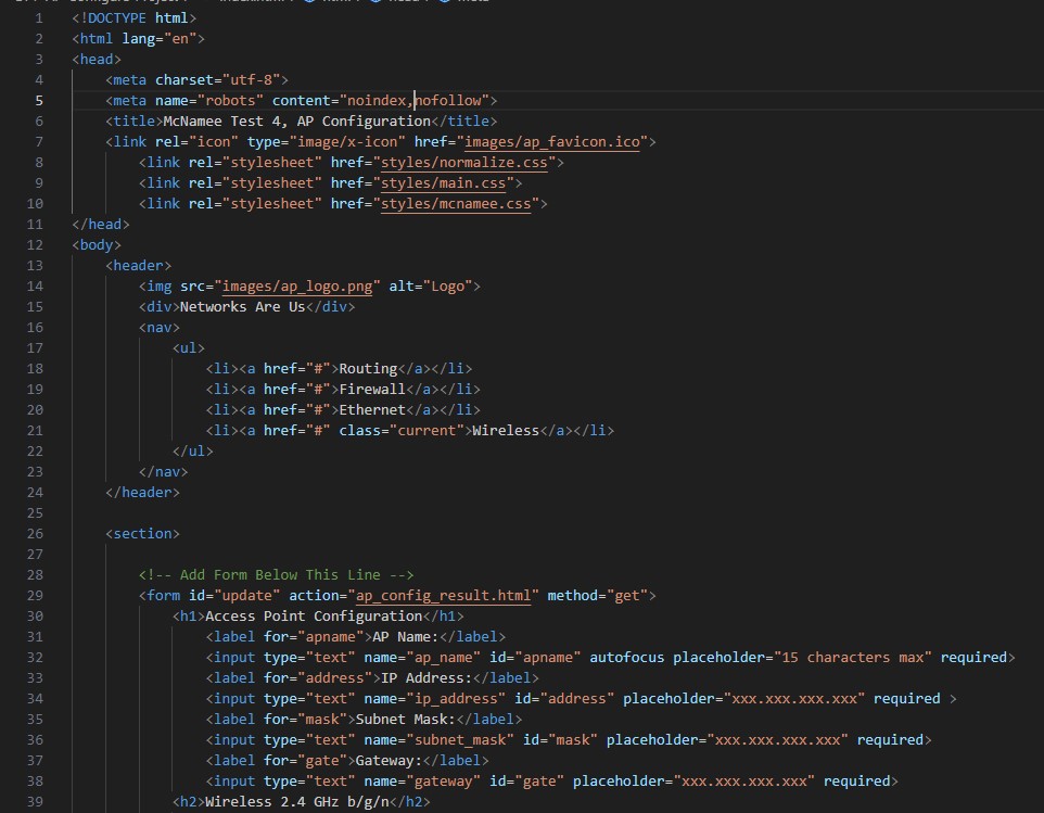 First third of the Html Code for the AP Configuration Project