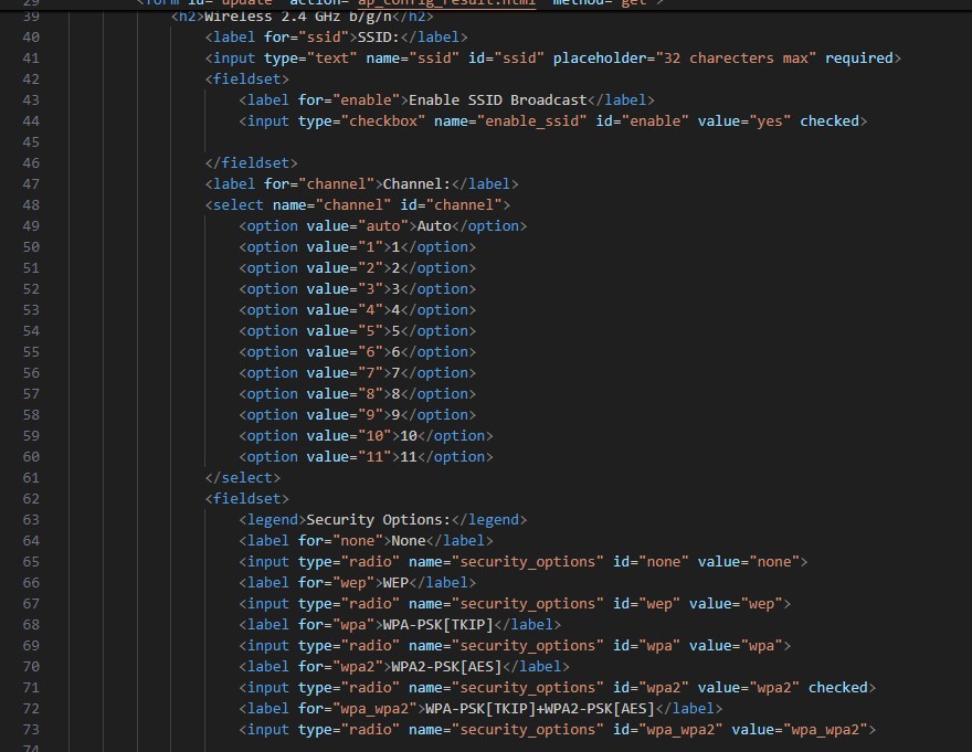 second third of the Html Code for the AP Configuration Project