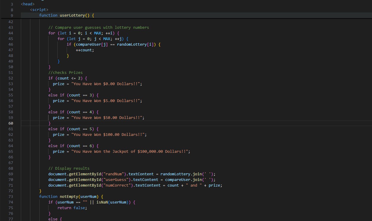 Display the Second half of the Lottery Function code