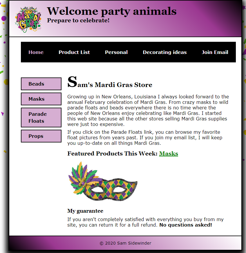 A link to the Mardi Gras Hompage Project